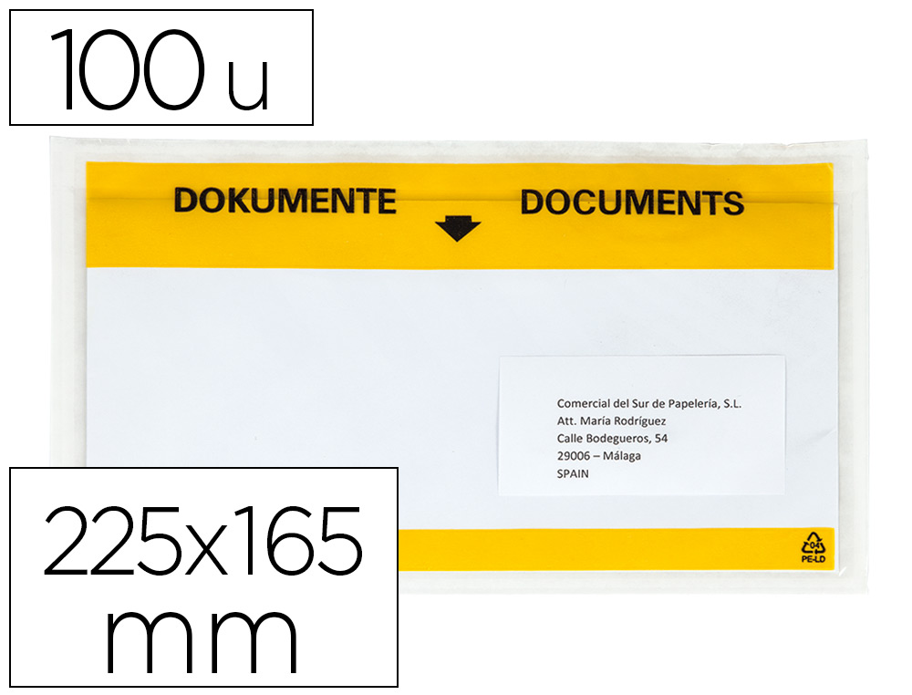 100 sobres autoadhesivos Q-Connect portadocumentos 225x165 mm.